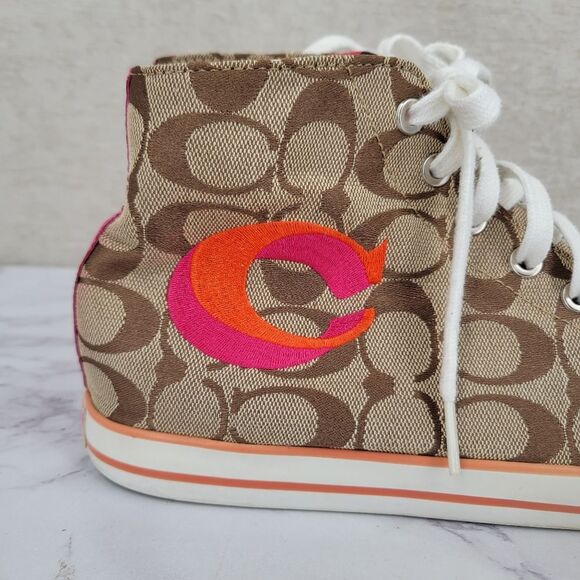 Coach Women's High Top Sneakers Brown Logo Canvas and Pink Embroidery - Picture 4 of 16